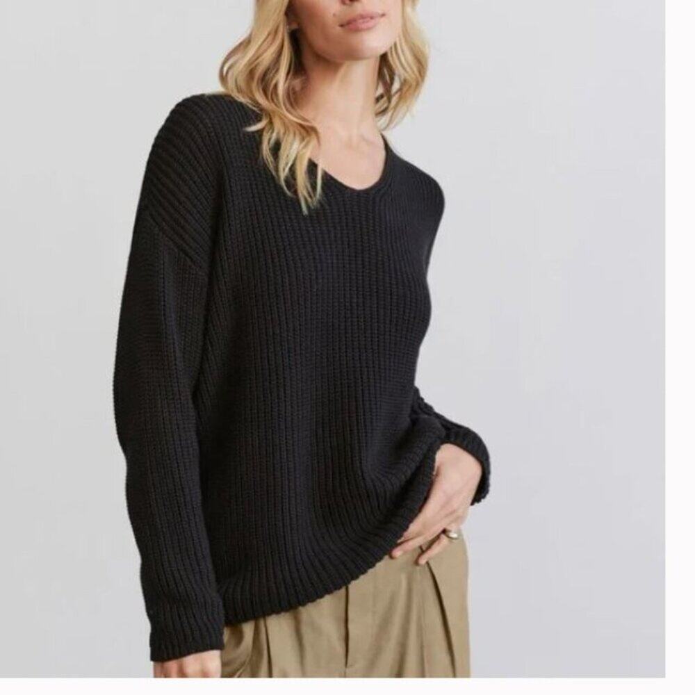 Jenni Kayne Cabin Cotton Sweater Black Chunky Knit Minimalist Pullover Sz XS
